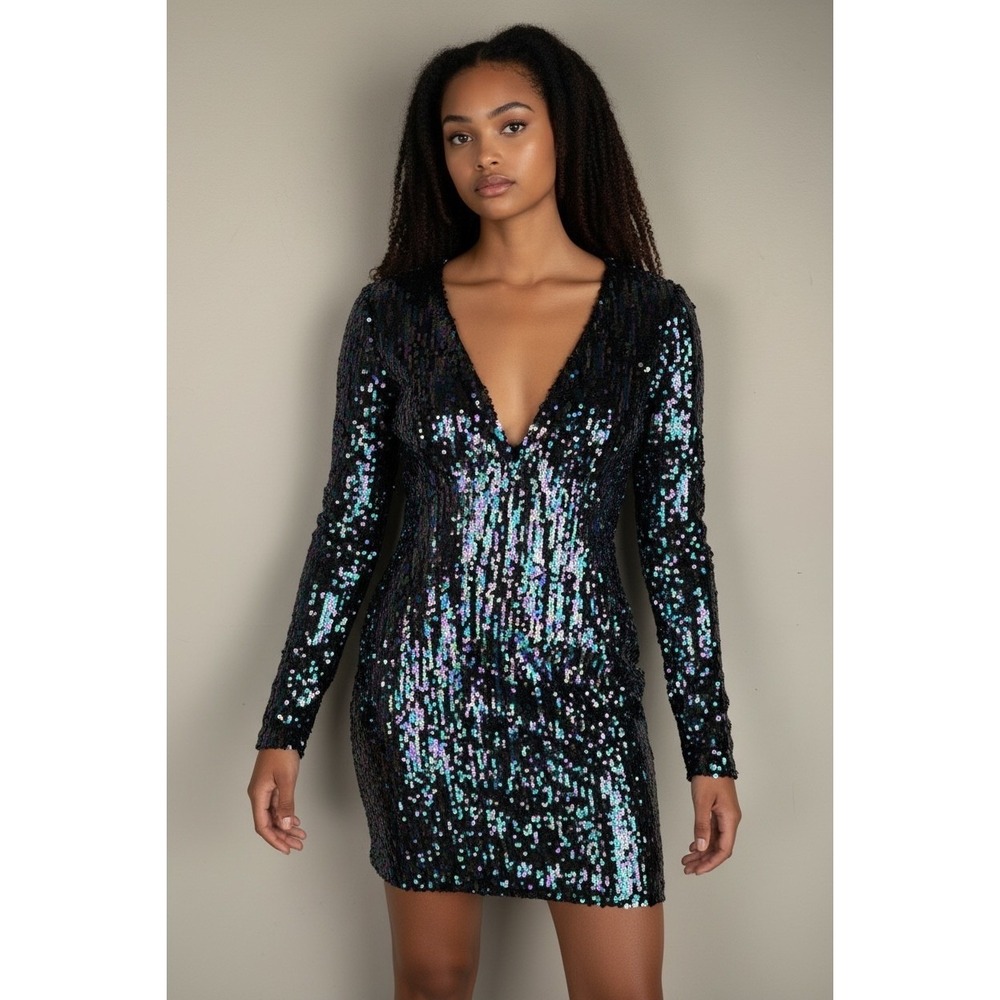 PRIVY Rainbow Sequin V-Neck Long Sleeve Knee Length Dress Size Small Party